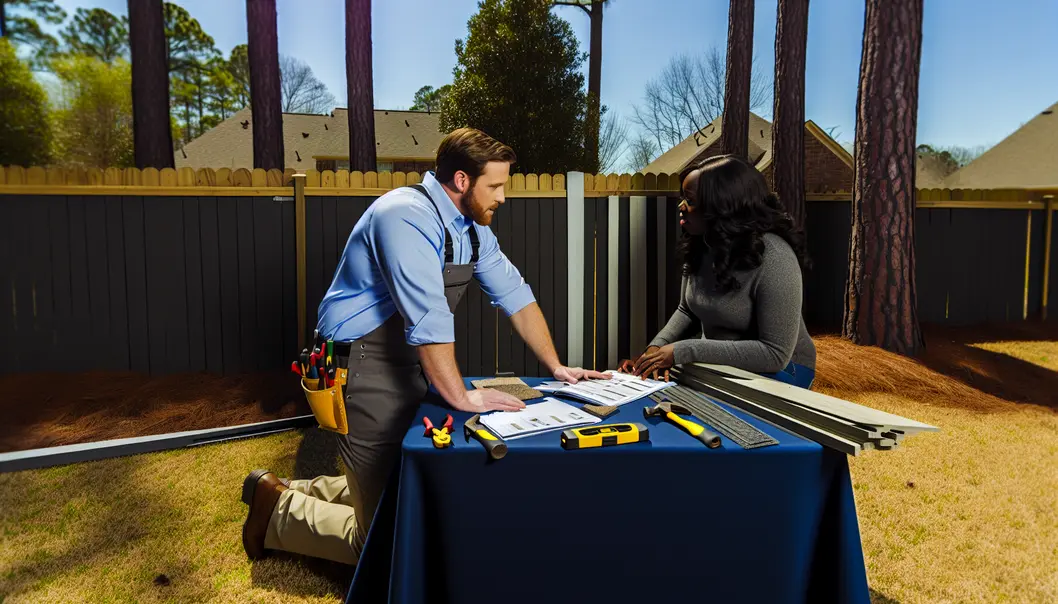 Homeowner inspecting storm-damaged fence to assess repair needs