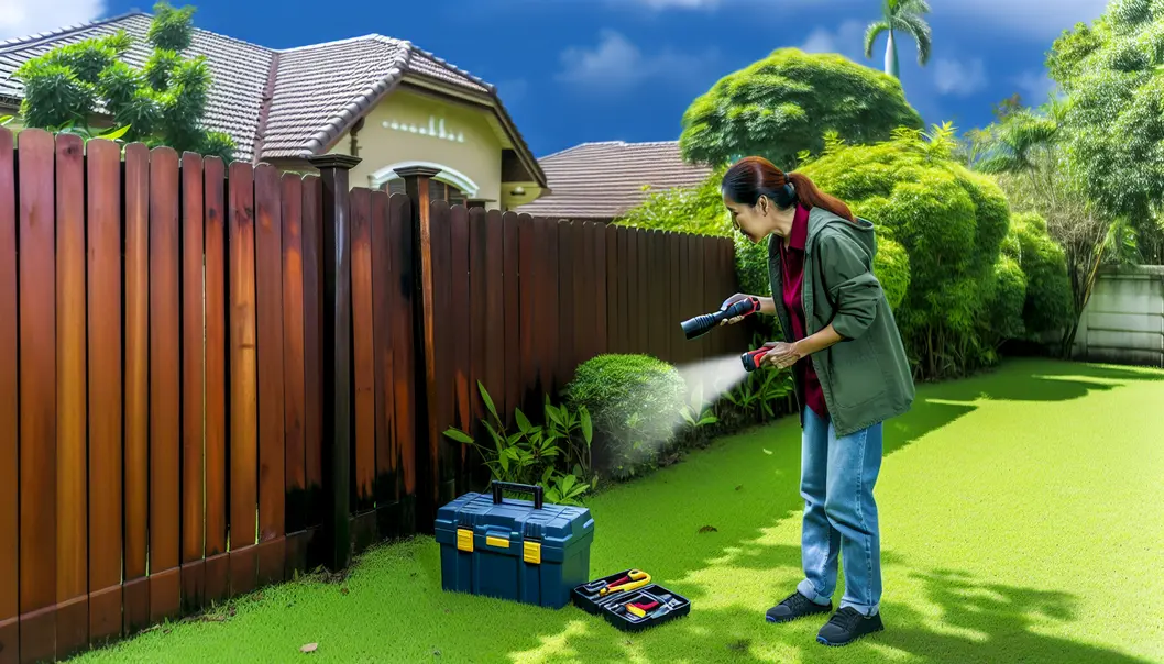 Homeowner inspecting their fence for vulnerabilities ahead of hurricane season.