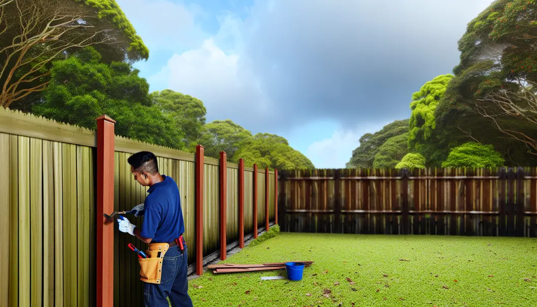 Homeowner inspecting their fence for vulnerabilities ahead of hurricane season.