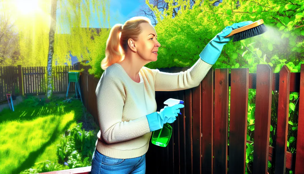 Homeowner performs seasonal inspection and cleaning of their wooden fence in spring.