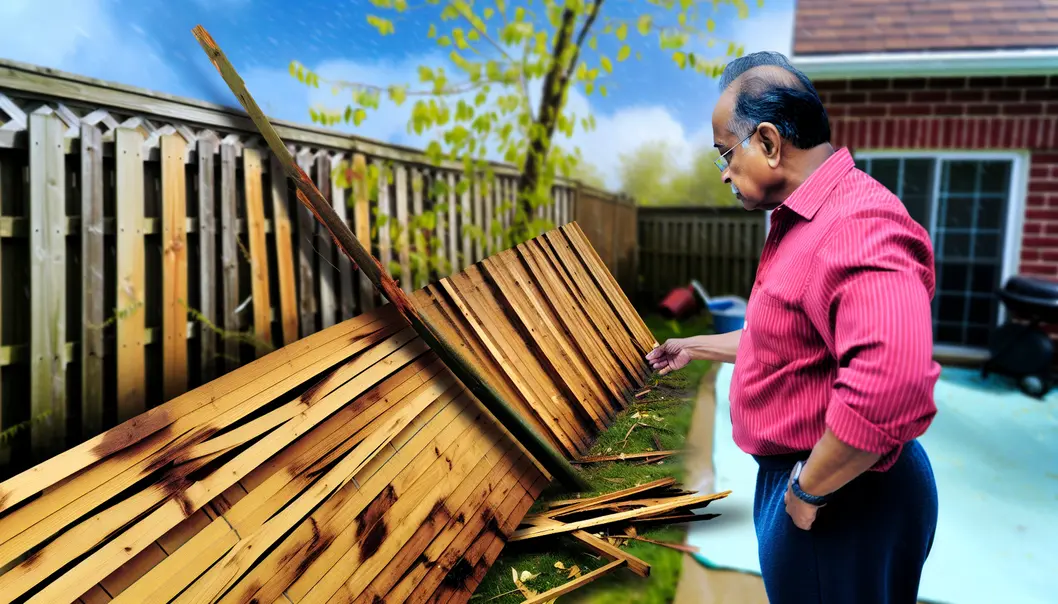 Homeowner inspecting storm-damaged fence to assess repair needs