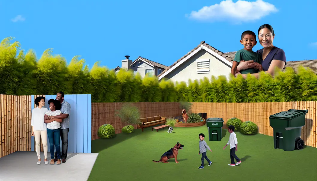 A suburban family enjoying their backyard behind a sustainably sourced bamboo fence.