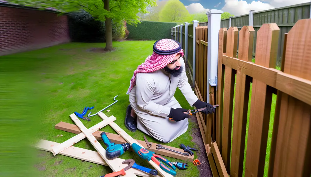 Homeowner performs seasonal inspection and cleaning of their wooden fence in spring.