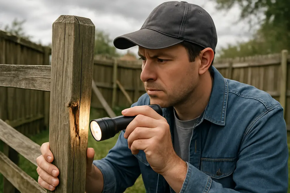 Homeowner inspecting storm-damaged fence for repairs