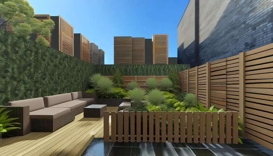 A secure privacy fence surrounds a cozy city backyard, providing safety and seclusion.